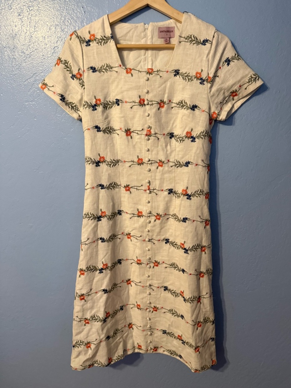 DM Fashion Embroidered Cream Mini Dress with Orange & Navy Floral Rows